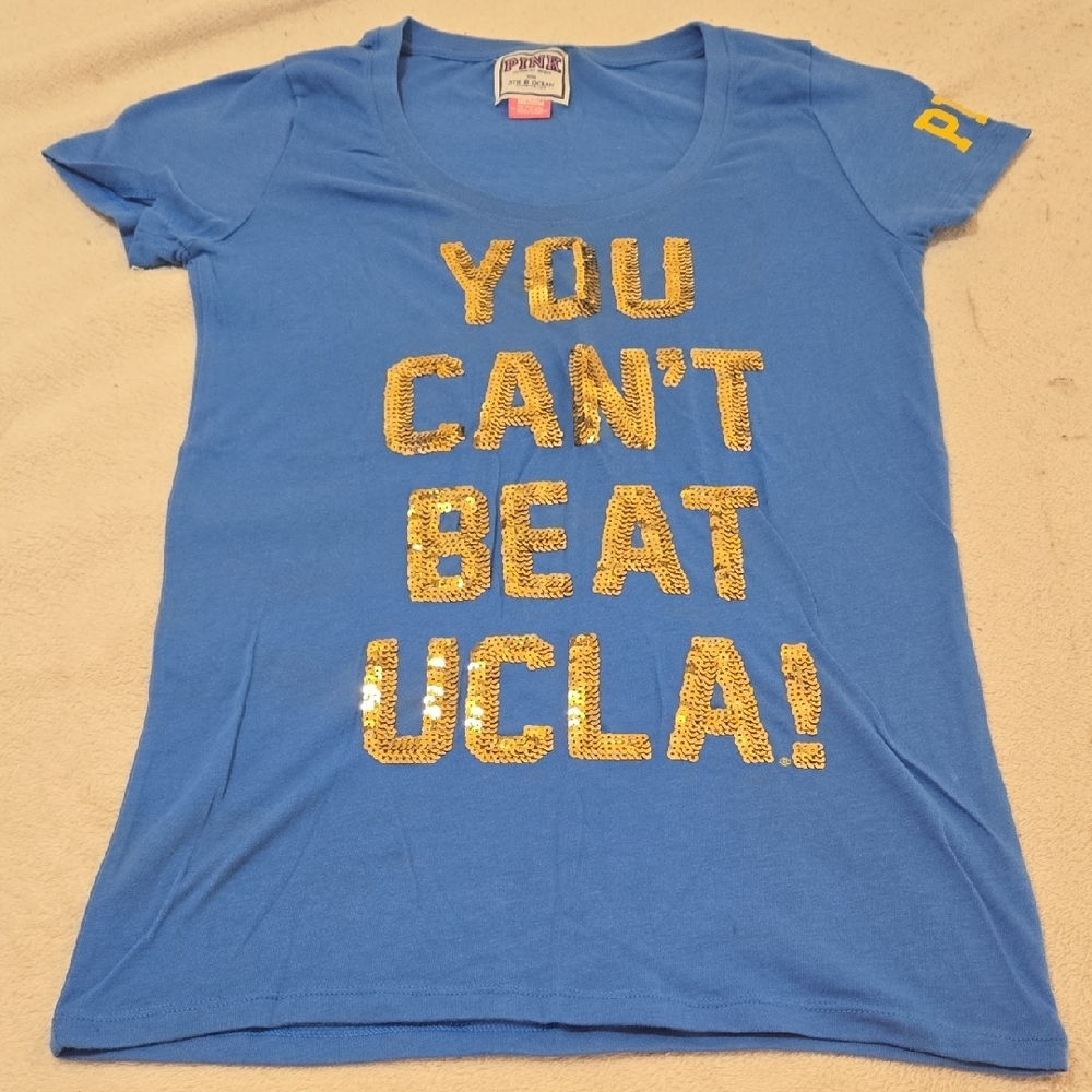 PINK Victoria's Secret Blue Tee with Gold Sequin Letters